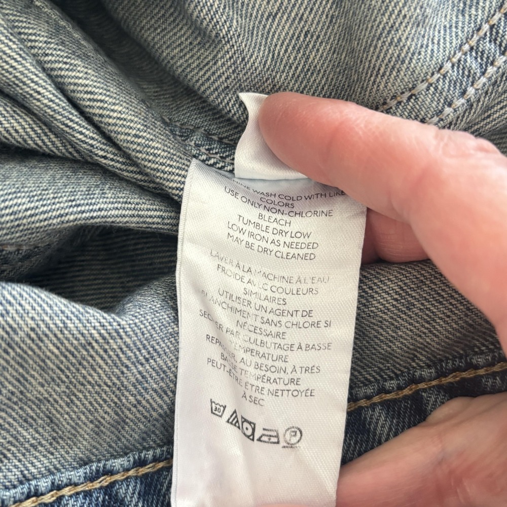 Free People We the Free Long & Lean Distressed Denim Jacket XS Oversized Trucker - Picture 12 of 14